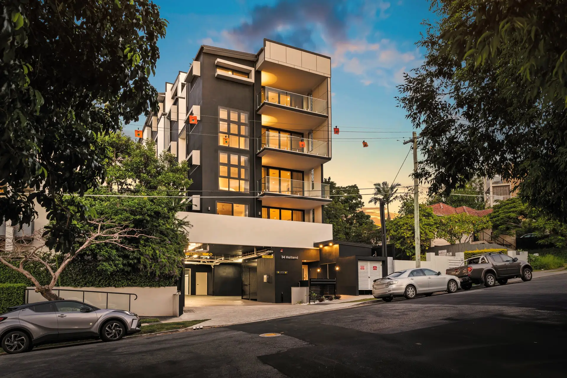 Holland Residences, 34 Holland Street Toowong, front elevation at dusk